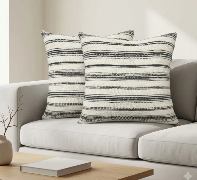 Black & White Textured Striped Cushion Cover 20x20 Inches | Modern Boho Decorative Pillow Cover Pack of 2